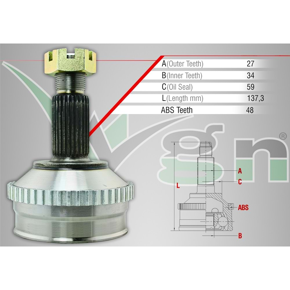 Aks Kafası Sol Sağ Ön Dış Fiat Scudo 1.9 ABSli 27x34x59 Uzunluk 137,3mm 96_06 Arası