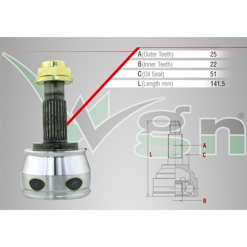 Aks Kafası Sol Sağ Ön Dış Peugeot Bipper 1.4 HDI 25x22x51 Uzunluk 141,5 mm 08 Sonrası