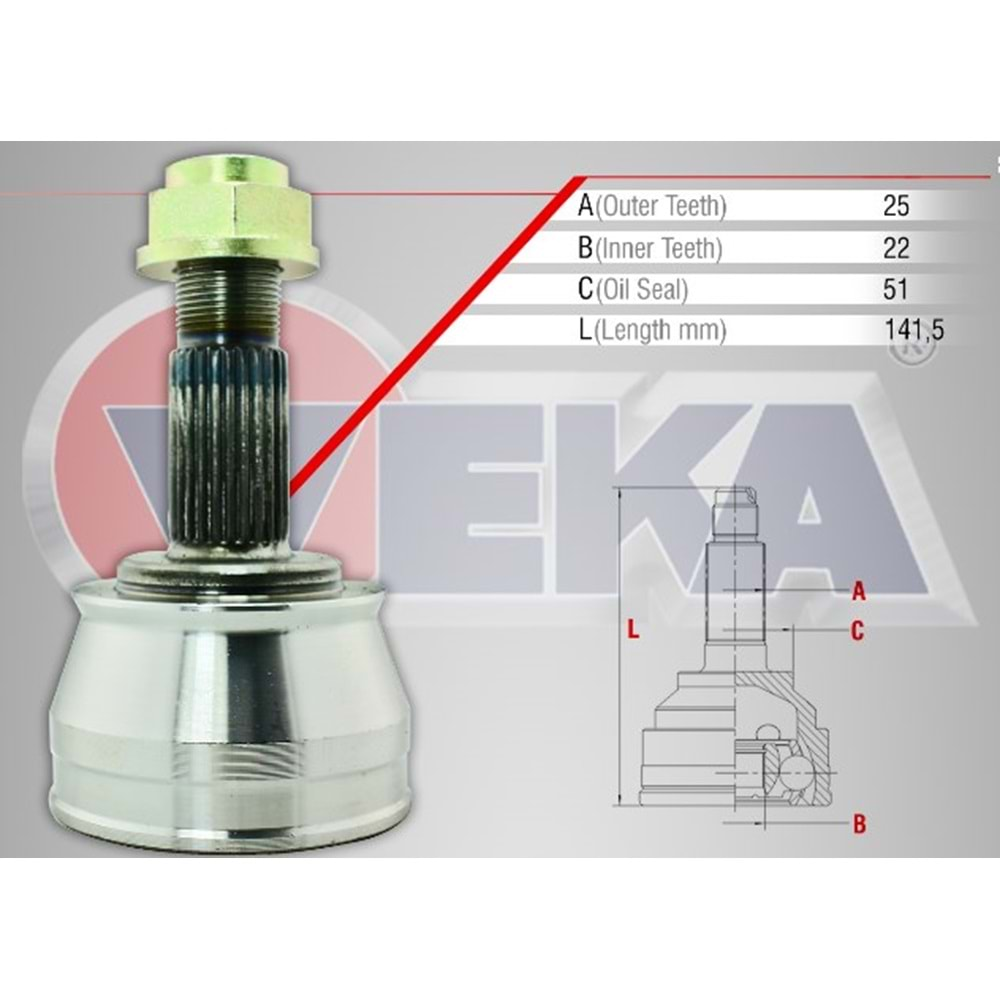 Aks Kafası Sol-Sağ Ön Dış Fiat Brava (182) 1.6 16v 25x22z51 Uzunluk 141.5mm 95_02