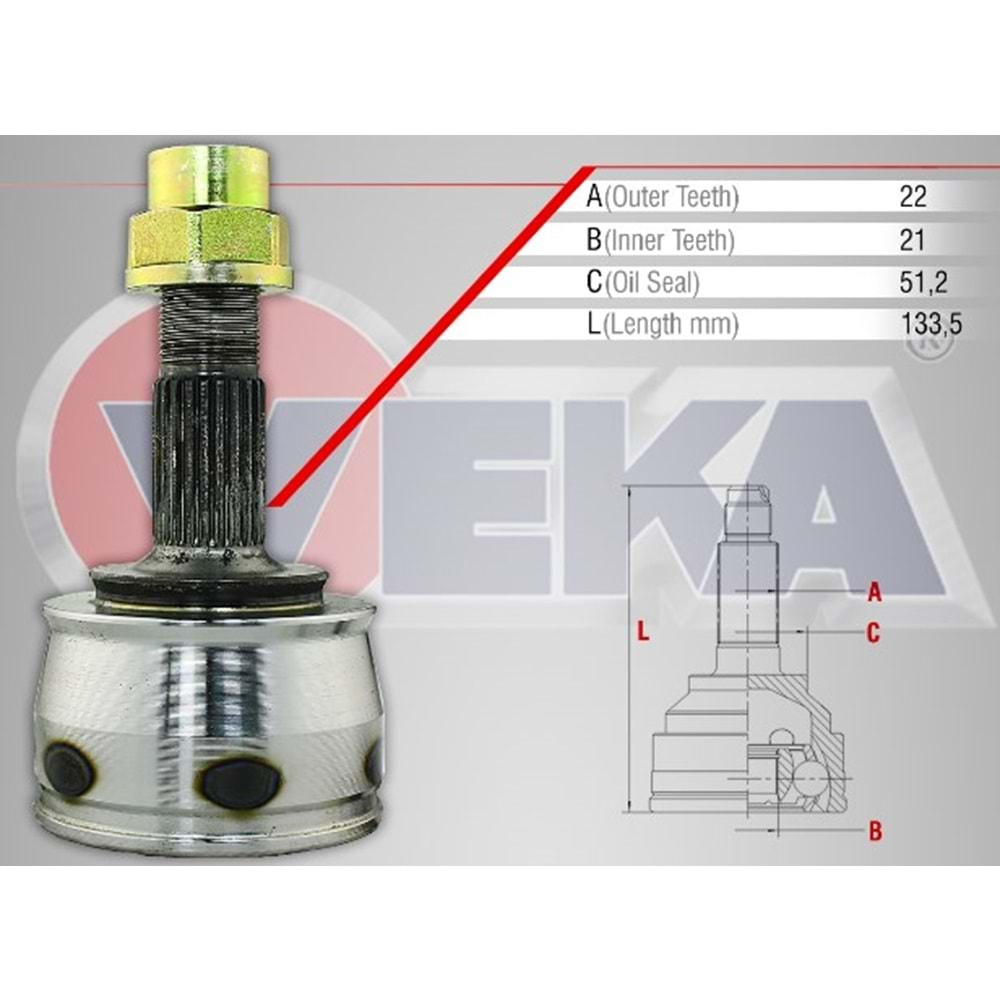 Aks Kafası Ön Dış Sol-Sağ Fiat Grande Punto (199) 1.2 MPI 22x21x51 ,2 Uzunluk 133.5 mm 05_12 Arası