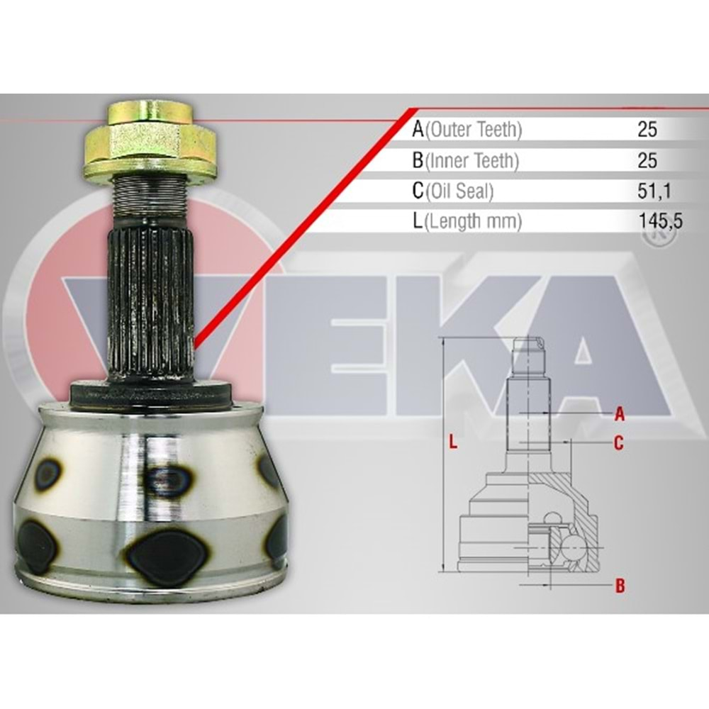 Aks Kafası Ön Dış Sol Sağ Uyumlu Fiat Linea 1.3 MJT 90HP 25x25x51.1 Uzunluk 145.5mm 07Sonrası