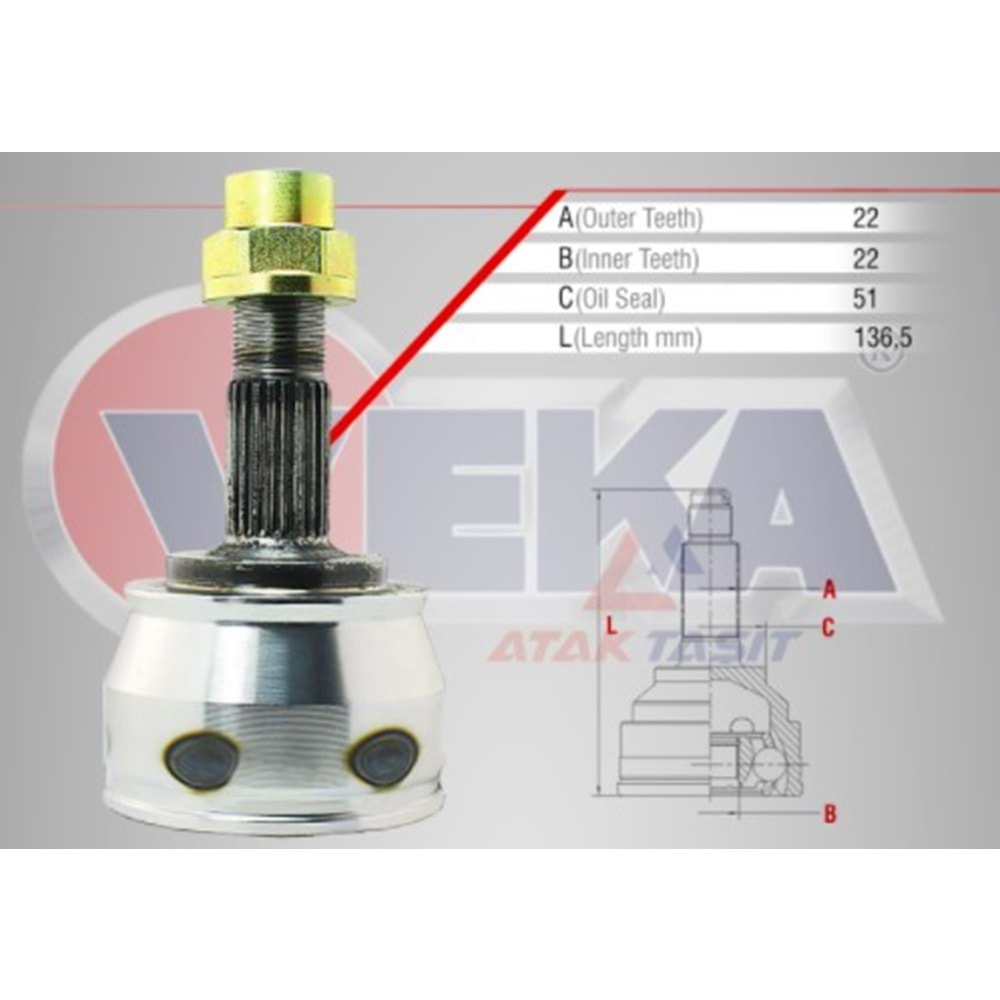 Aks Kafası Sol-Sağ Uyumlu Ön Dış 22X22X51 Uzunluk: 136,5 mm Fiat Linea