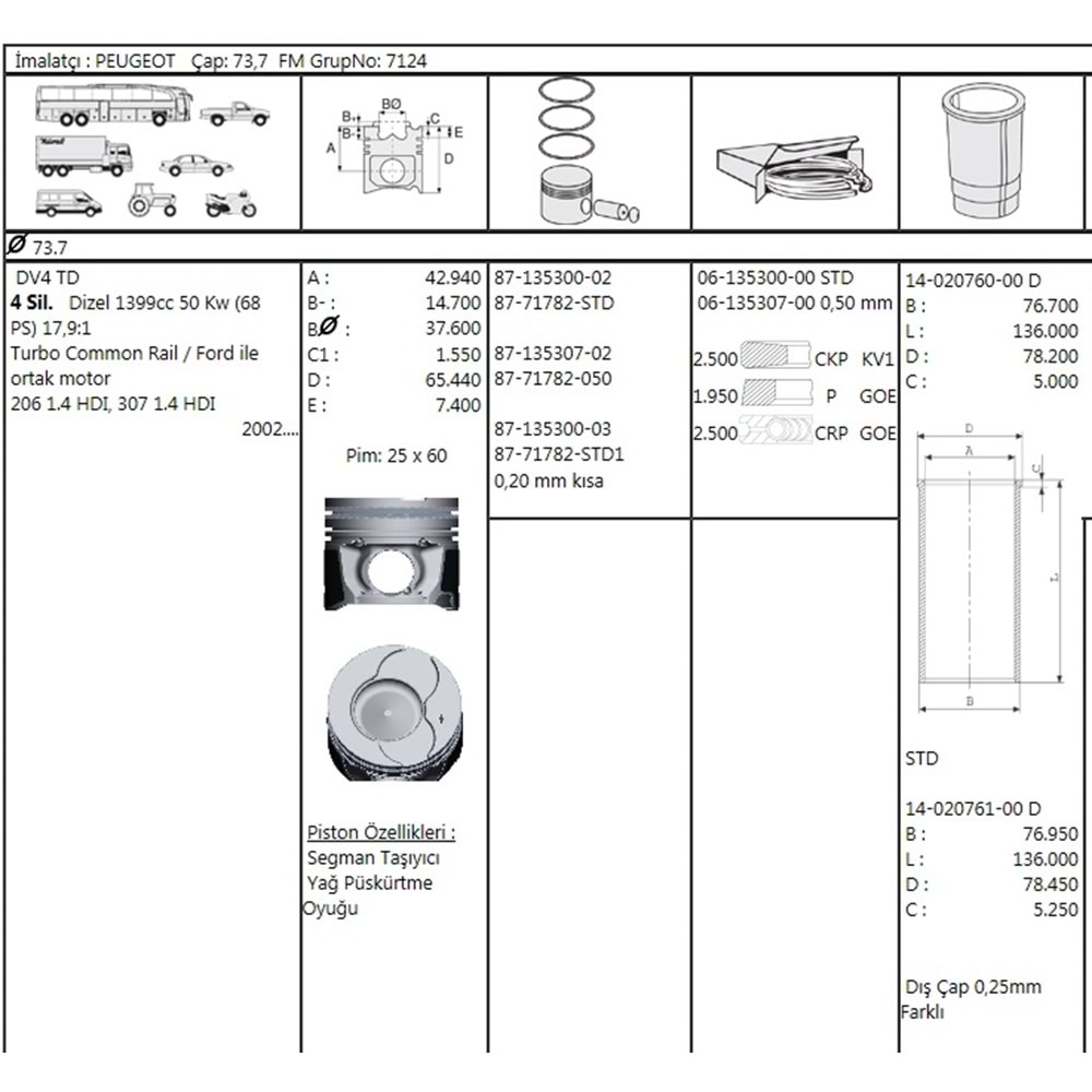 Piston+Segman 0.50 1.4 HDI DV4