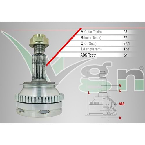 Aks Kafası Sol Sağ Ön Dış Renault Master II 2.5D S8U Abs li 51Diş 28x27x67,1 Uzunluk 158 mm 98_10 Arası