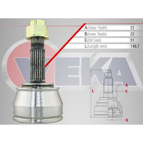 Aks Kafası Sol-Sağ Ön Dış Fiat Doblo (119,213) 1.2i 22x22x51 Uzunluk 146.7mm 01_10 Arası