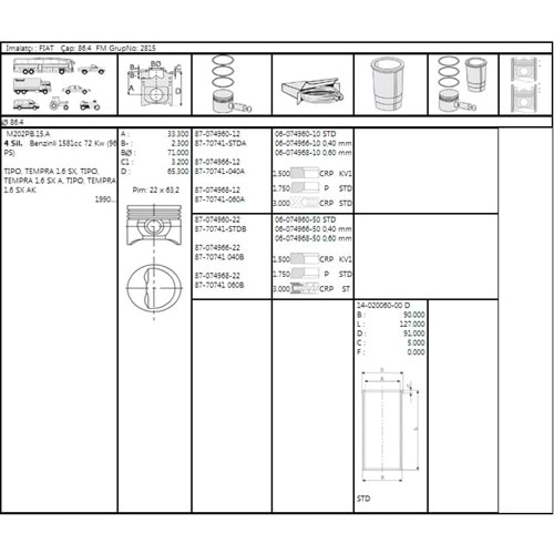 Motor Sekmanı STD 86,4mm Fiat Tempra SLX 1,6