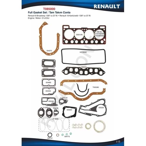 Motor Takım Contası Skt Keçeli Reinz Subap Lastikli Renault R9 1,4