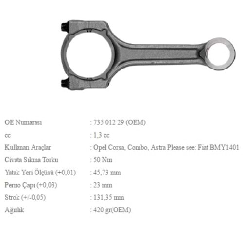 Piston Kolu 69,6mm Fiat Doblo Albea Linea Fiorino 1.3 JTD (BMY-1401)